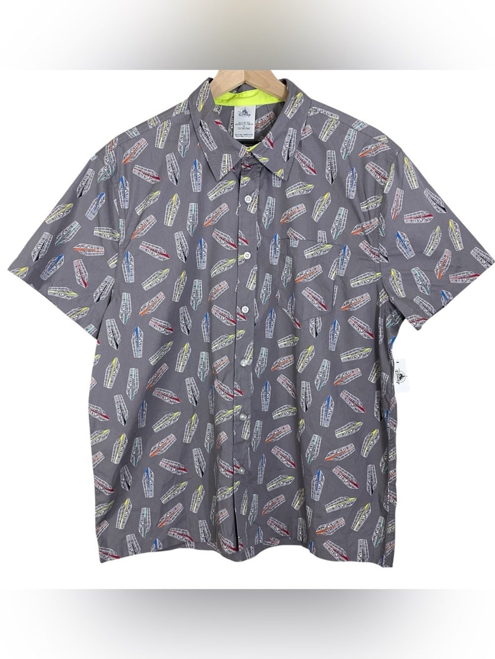 Disney Parks Mens Monorail Print Button Up Shirt Large Short Sleeve Gray